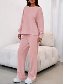 Women's Two-Piece Suit, Sports Suit, Loose Sweatshirt, Sports Pants, Autumn Fashion Casual Matching Suit. - 粉色 - 查看 5