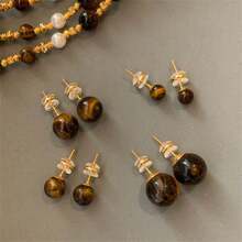 1 件 24K 金天然石风格虎眼石耳钉简约复古气质耳环耳饰 - 彩色 - 查看 2