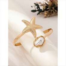 1pc Fashionable Asymmetric Pearl & Starfish Open Cuff Bracelet, Beach & Holiday Style.Suitable For Women Daily Wear, Various Holidays, Mother's Day Gift, Social Events, Beach Vacation Jewelry, Music Festival Accessories - 金色 - 查看 3
