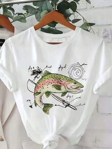 Women'S Casual Crew Neck T-Shirt With Quirky Fish And Insect Graphics 100% Polyester Knit Fabric Regular Length All-Season Comfort – Casual Style Tee With Unique Drawing Print Designgraphic Tees Men Shirts Streetwear White Shirt Black Shirt - 白色 - 查看 2