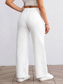 Women's Plus Size White High Waisted Straight Leg Wide Leg Jeans Machine Washable Casual Versatile European And American Style Pants - 白色 - 查看 2