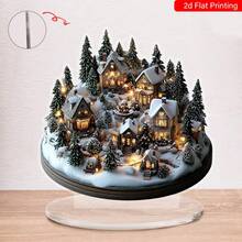 2 pezzi Villaggio natalizio in acrilico 2D con renne e capanna, decorazione da tavolo per le vacanze, decorazione natalizia da collezione, senza elettricità, adatta per casa e ufficio, decorazione da giardino esterno, stampa piatta 2D, senza piume