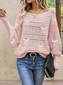 Womens Off Shoulder Sweater Top Fall Outfits Fashion 2026 Oversized Knit Batwing Long Sleeve Crochet Pullover Sweaters/Vacation Outfits Women/Valentine Outfits For Women - Z-白色蝴蝶結粉紅色 - 查看 4