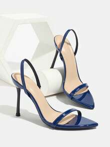 Women's High Heel Sandals, Elegant Minimalist Design With Mirrored Fabric, Fashionable Strap, Pointed Toe, Slim High Heel, Suitable For Party, Nightclub, Runway, Outdoor, Dating, High-End Shiny Mirrored Delicate Skin-Friendly Fabric Leading The , Sophisticated High-End Chic Deep Blue High Heel Sandals - Dark Blue - View 6