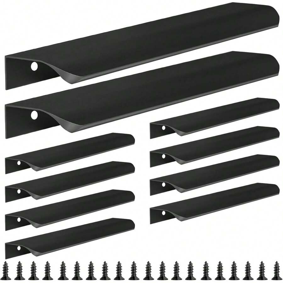 Conjunto de 5 ou 10 puxadores embutidos pretos, ideais para armários, guarda-roupas, gavetas e gabinetes de cozinha. Puxadores modernos de alumínio embutidos para portas de guarda-roupa, acabamento preto fosco. - Preto - Ver 1
