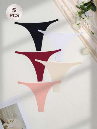 5pcs Seamless Solid Color Ladies Thongs, Stylish, Soft, Comfortable Bikini Swimsuit Sets Made Of Ice Silk, Suitable For Valentine's Day, Christmas, Parties