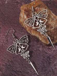 复古哥特式镂空蝴蝶双垂耳环，朋克嘻哈酷炫锥形耳环 Y2K 风格女式耳环 - 銀色 - 查看 2