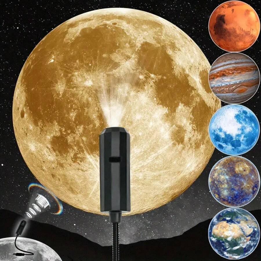 USB供电LED星空投影灯，3/6/10颗可更换行星投影仪，360°旋转，便携式，带天花板照片背景装饰，适用于卧室、客厅及小型夜灯。