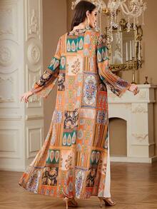 Women's Long Sleeve Random Cut Print Fashion Arabic Robe, All Season Dubai Ladies Abaya Robe, Computer Embroidered Beaded Patchwork Robe - Apricot - View 3