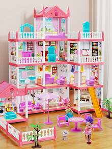 女孩 DIY 公主屋玩具套装、娃娃屋、城堡别墅、公主城堡娃娃屋、带家具和配件的 DIY 房子（颜色随机）、装饰娃娃宫殿，适合女孩和儿童的生日和圣诞礼物 - 彩色 - 查看 3
