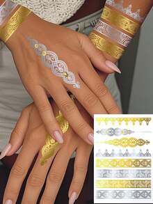 1 hoja de tamaño grande de arte corporal metálico dorado y plateado para mujeres y hombres, tatuaje en tatuajes temporales, pegatinas de patrón de mandala de henna, tatuaje falso a prueba de agua que dura de 2 a 5 días, cubre cicatrices, se puede usar en brazos, muñecas, hombros, piernas, cintura, cuello, mano, pecho, muslos, dedos, adecuado para fiestas, regalos, mejores amigos, viajes y vacaciones - Dorado - Ver 6