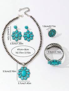 Conjunto de 4 piezas de collar, aretes, anillo y pulsera con estilo bohemio vintage, de aleación de zinc y turquesa en forma de gota de agua y flor, adecuado para atuendos, vacaciones y talla grande