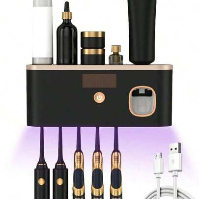 带自动牙膏分配器的智能牙刷消毒器 - 壁挂式，5 槽存储，耐用塑料，USB 充电电池，现代浴室收纳盒，适用于电动牙刷和配件，浴室牙刷架，时尚设计