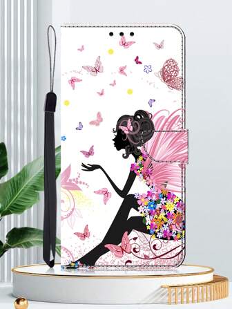 GLANDOTU Adecuado para Galaxy y otros modelos y marcas de teléfonos móviles. Funda de teléfono de piel sintética PU con pliegue doble 3D de "Chica de los sueños", con ranuras para tarjetas, función de billetera y cordón anti-robo.