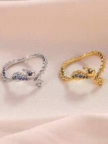 Anel em aço inoxidável banhado a ouro 18K com cavalo-marinho em zircônia azul, acessório de joalheria com tema oceânico, presente de Natal para namorada/filha.