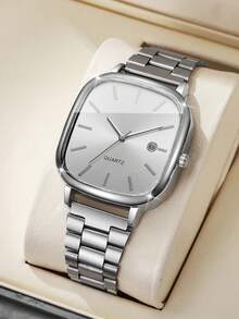 1 件男士礼品手表，经典时尚方形表盘日历显示，简约休闲时尚石英腕表，不含表盒 - 銀色 - 查看 1