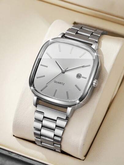 ساعة هدية للرجال، قرص كلاسيكي مربع العرض التقويمي، كاجوال بسيطة أنيقة بحركة كوارتز، لا يشمل علبة الساعة