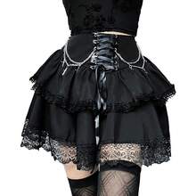Womens High Wiast Black Mini Skirt Cute Lace Up Chain Gothic Pleated Skirts For Women - 黑色 - 查看 3
