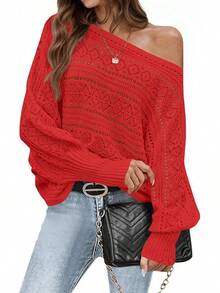 Womens Off Shoulder Sweaters Fall 2025 Oversized Knit Batwing Long Sleeve Crochet Pullover Sweater Tops - 紅色 - 查看 5