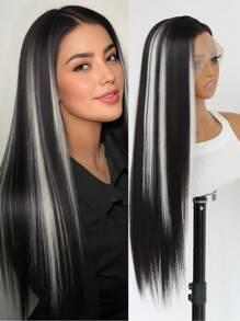 挑染灰金色蕾丝前假发长直发无胶渐变棕色混合金色 13x4 女士合成蕾丝前假发 24 英寸