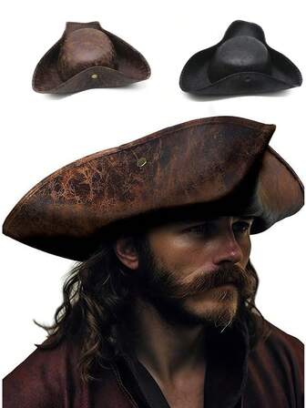 1pc Pirate Style Wide Brim Hat, Vintage Leather Patchwork, Sun Protection, Nautical Theme Party Accessory, Suitable For Cosplay, Outfit, Vacation, Street, Travel
