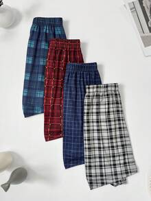 4 件套男士格子印花宽松舒适睡衣短裤，透气松紧腰平角内裤，多种颜色套装 - 彩色 - 查看 4