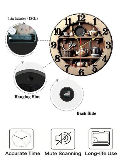 2D Flat 10/12 Inch Wooden Wand Klok Kitchen Utensils Silent, Battery Powered, No Drip Sound, Perfect Kitchen, Bathroom, Living Room (Battery Not Included), ative view 4