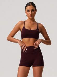 Sodalemon 女士两件套健身套装露背加厚运动文胸无缝前缝户外骑行短裤弹力健身房训练运动套装