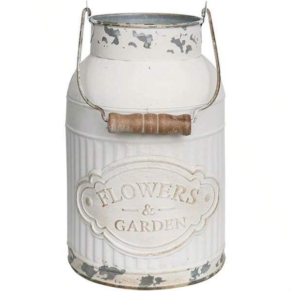 Jarrón de jarra de leche blanco de estilo rústico de granja, decoración de metal con flores rústicas, jarra de crema vintage con estilo shabby chic francés con asa para flores artificiales