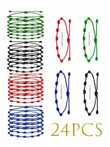 24pcs Adjustable Red Rope Bracelet Set, Handmade 7-Knot Bracelet Classic Stackable Bracelet, Fashion Bracelet Accessories For Couples And Friends, Friendship Bracelet, Couple Bracelet, Red Rope Lucky Bracelet Set, Card Packaging, Suitable For Gift Or Daily Wear