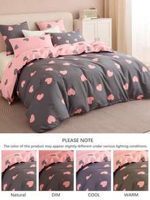 2/3件套，小灰粉爱心，温馨情人节，女士，男生女生，学生，宿舍装扮，四季超柔印花磨毛被套三件套，单人全尺寸大号双人床 - 彩色 - 查看 6