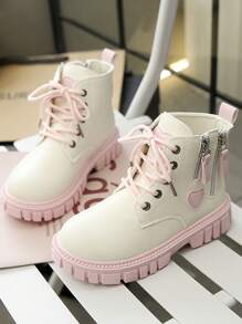 1 Pair White Infant/Toddler Children's Military Boots, Solid Color, Soft Matte Fabric, Inside Zipper, Front Lace-Up Design, Round Toe, Warm, Thick Sole, Wear-Resistant, British Style Classic Short Boots, Suitable For Boys/Girls, Students, Casual, Holiday, Party, Autumn/Winter New