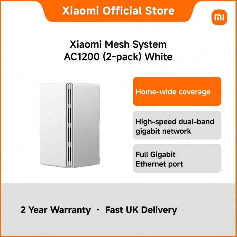 Xiaomi 2-Pack Mesh System AC1200 WiFi Router – Dual Band 1200Mbps Wireless Mesh Network Kit With Gigabit Ports, WPA3 Encryption, MiWiFi ROM, App Control, Whole Home Coverage, 2.4GHz & 5GHz Bands, UK Version - White - View 1
