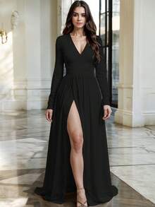 Vestido Largo Escote en V Acentuado Corte con Abertura Frontal Elegante Mangas Largas Ajustadas Diseño Fluido Cintura Ceñida Moderno Casual y Elegante Vestido Llamativo  Liso    Fiesta    Abertura alta  Cremallera  Fruncido    Boda - Negro - Ver 2