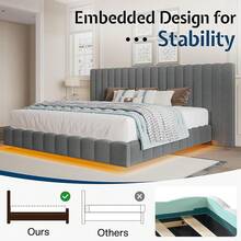 Modern Platform Bed Frame Queen/King Size With LED Lights, Velvet Upholstered Bed Frame With Oversized Headboard, Sturdy Construction, No Box Spring Needed, Cream , Grey , Black - Grey - View 8
