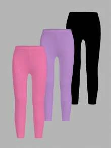 Conjunto de 3 piezas de leggings casuales de unicolor a la moda, diseñados para niñas jóvenes, elásticos, suaves y cómodos, adecuados para actividades al aire libre, escuela, correr, bailar, yoga, vacaciones, fiestas y otras ocasiones en otoño/invierno
