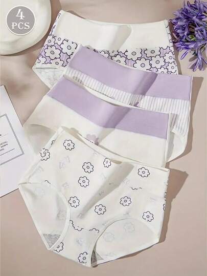 4pcs Women Plus Size High Waist Printed Soft Cotton Breathable Elastic Briefs