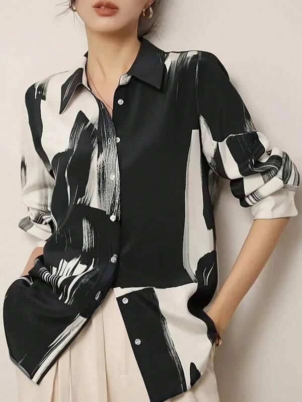 Women's Elegant Watercolor Print Collar Long Sleeve Blouse