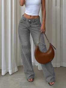 Oversized Loose Low-Waist Straight-Leg Jeans For Women, Bold Bright Color, European & American Street Style - Light Grey - View 4
