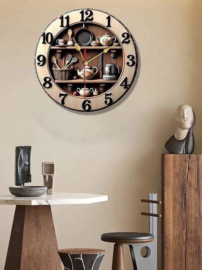 2D Flat 10/12 Inch Wooden Wand Klok Kitchen Utensils Silent, Battery Powered, No Drip Sound, Perfect Kitchen, Bathroom, Living Room (Battery Not Included), ative view 2