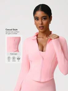 Sodalemon 女士训练上衣 指孔全拉链 带侧拉链口袋 长袖瑜伽健身弹力运动夹克