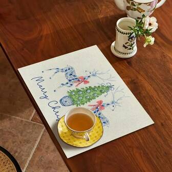 4-Piece Set Of Holiday Christmas Themed Placemats -30 * 45cm, Designed With Reindeer And Christmas Tree, Polyester Placemats With Blue And White Elements, Used For Kitchen And Restaurant Decoration, Machine Washable, Ideal Holiday Gift, Christmas Kitchen Decoration, Modern Christmas Design, Christmas Kitchen Decoration, Most Suitable For Christmas Use.