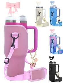 Water Bottle Carrier Bag With Handles Set,With 1 Bow Straw Hat And 1 Butterfly Bracelet, Bottle Bag With Adjustable Shoulder Strap,Compatible With Stanley 40oz 30oz Tumbler With Handle, Cup Accessories , Valentine's Day, Mother's Day, Birthday Gift, Back To School Supplies - Multicolor - View 2