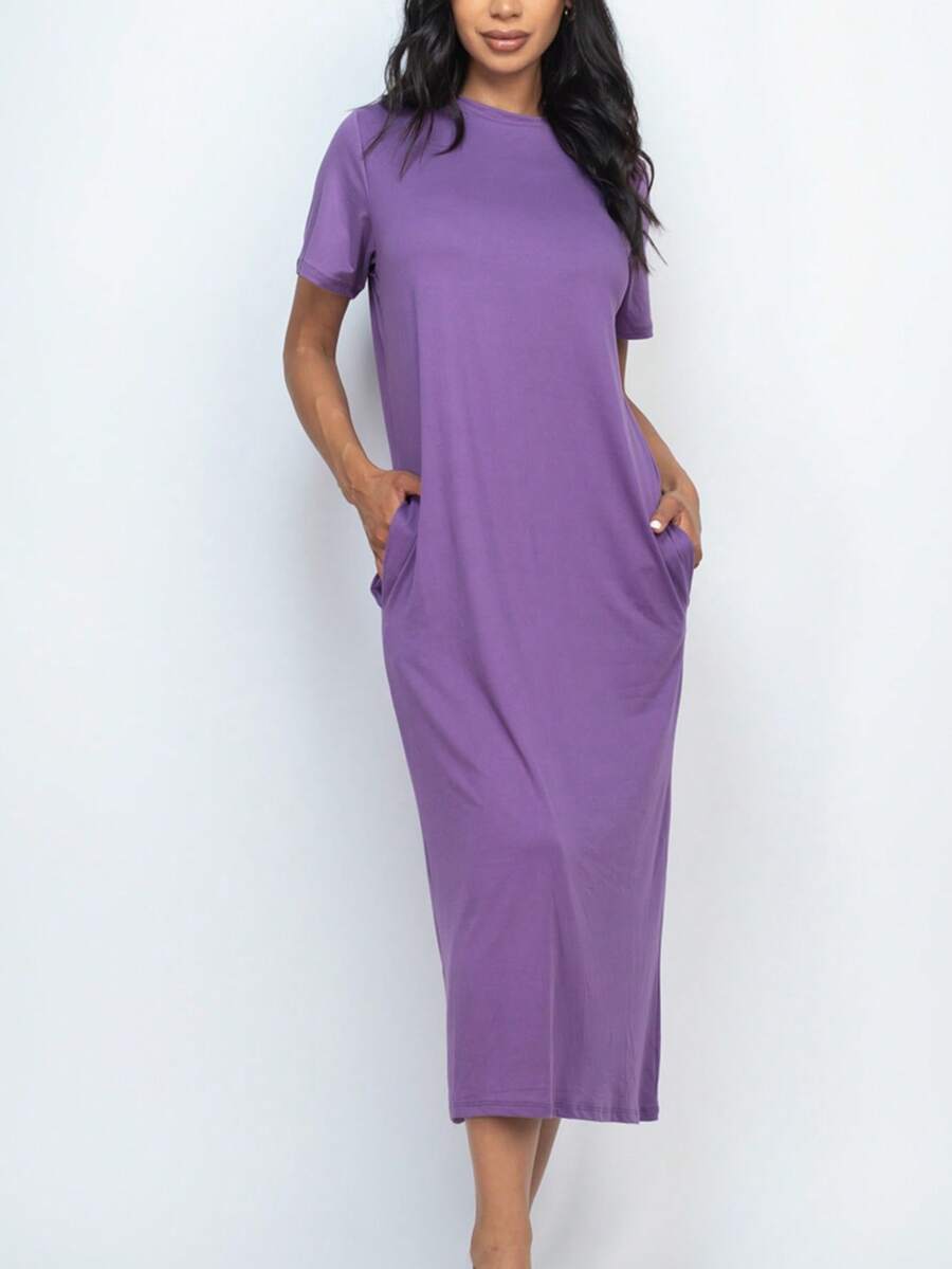 Women's Solid Color Casual Basic Side Pocket Tee Dress For Summer - Quả nho - Xem 1