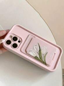 1 set tulpanmönstrat självhäftande korthållare och telefonskal, kompatibelt med 16, 11, 13, 15, 12, 14, 15, 16, Pro, Pro Max och Plus vattentätt stötsäkert falltåligt reptåligt - Rosa - Visa 3