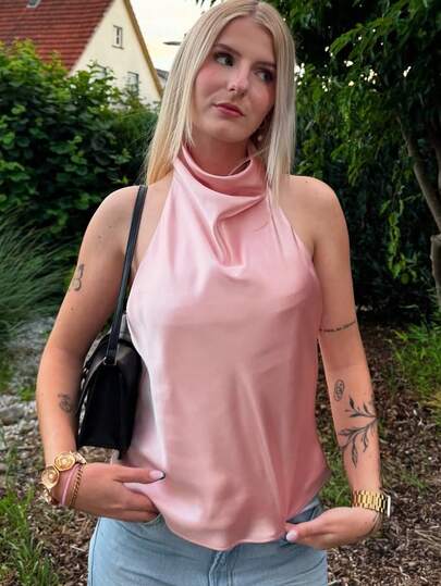 Camiseta de satén de cuello alto y halter de unicolor estilo Y2K para mujer, estilo urbano lindo para el verano