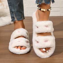 秋冬女士刺绣蝴蝶结家居拖鞋，四季皆宜的毛绒室内拖鞋，平底女士拖鞋，家用地板拖鞋，蓬松拖鞋 - 二條帶白色蝴蝶 - 查看 6