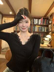New Lace Long Sleeve Base Layer T-Shirt, Short Fitted V-Neck Top - Black - View 6