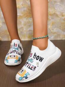 scarpe sportive casual da donna con stampa a lettere, suola in EVA, tomaia in tessuto, versatile per uso quotidiano casual e sport, adatto per tutte le stagioni