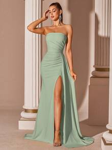 Elisanya 奶油黄色优雅露肩高腰开衩长款系带舞会礼服 - 綠色 - 查看 5